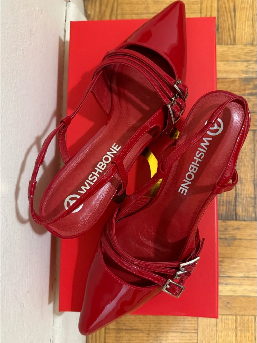 Wishbone Red Patent Pointed-Toe Slingback Heels with Buckle Straps